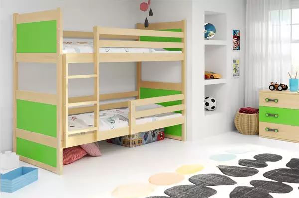 Visualizzazione per Letto a castello per ragazzi RICO 90X200 con materasso, pino/verde Visualizzazione per Letto a castello per ragazzi RICO 90X200 con materasso, pino/verde