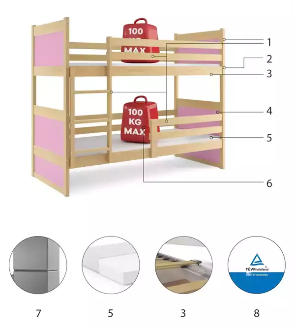 Componenti del Letto a castello per ragazzi RICO 90x200, pino/rosa Componenti del Letto a castello per ragazzi RICO 90x200, pino/rosa