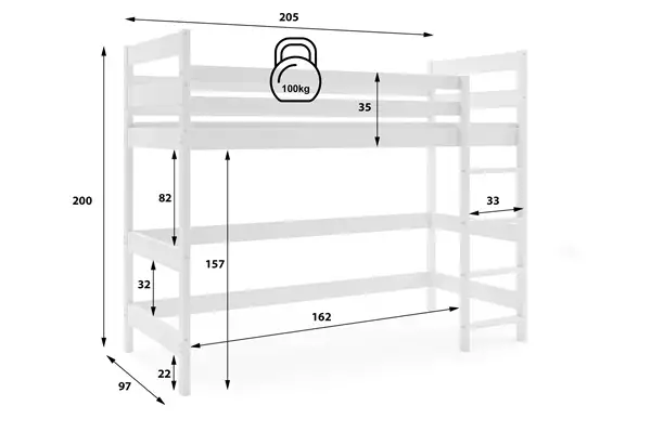 Letto A Castello Per Ragazzi, Soppalco, 90x200, Bianco Rozmiar