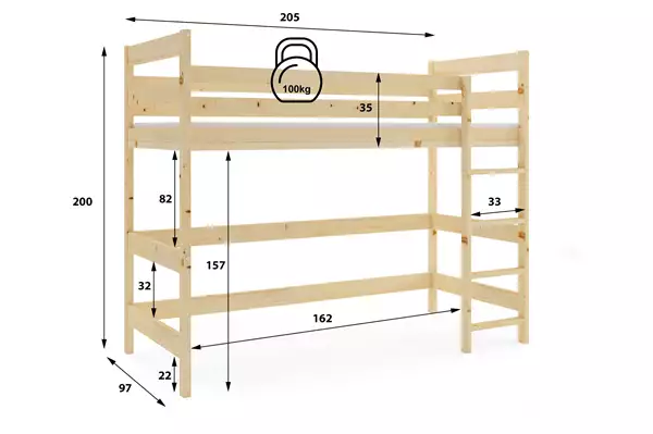 Letto A Castello Per Ragazzi, Soppalco, 90x200, Legno Naturale Rozmiar