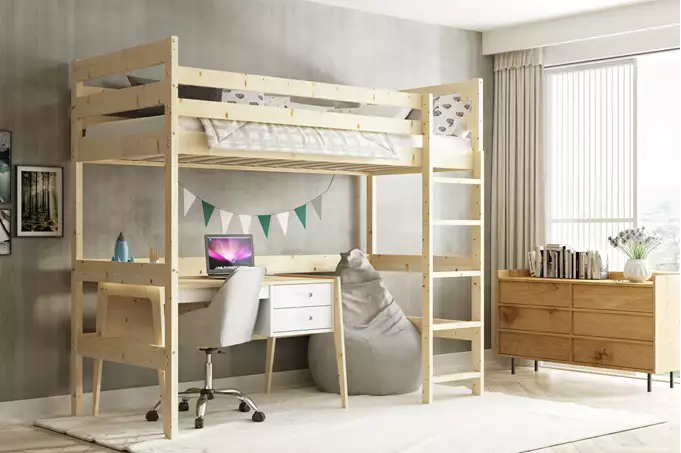 Letto A Castello Per Ragazzi, Soppalco, 90x200, Legno Naturale Wizualizacja