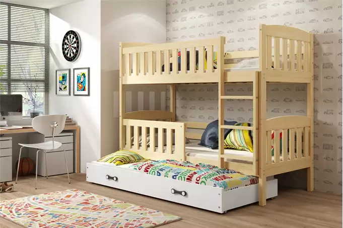 Visualizzazione per Letto a castello triplo per giovani KUBUŚ 90x200 con materasso e cassetto, pino/bianco