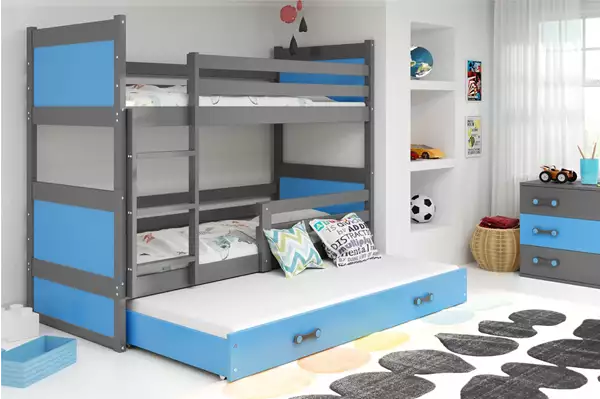 Visualizzazione per Letto a castello triplo per giovani RICO 90X200 con materasso e cassetto, grafite/blu