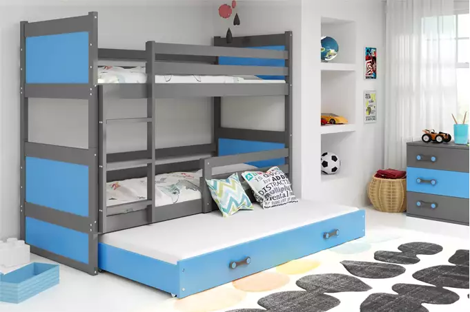 Visualizzazione per Letto a castello triplo per giovani RICO 90X200 con materasso e cassetto, grafite/blu
