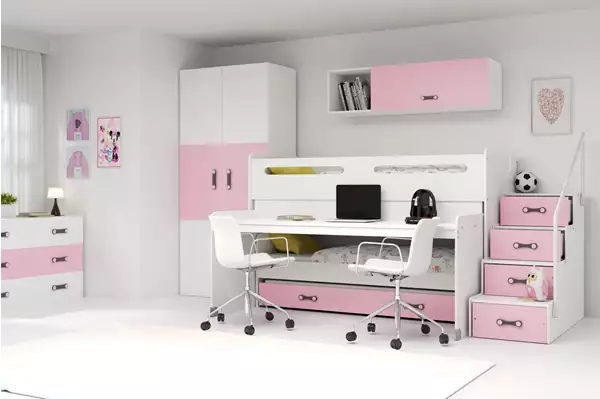 Visualizzazione per Letto a castello triplo per ragazzi MAX 1 80x200 con materasso e scrivania, rosa Visualizzazione per Letto a castello triplo per ragazzi MAX 1 80x200 con materasso e scrivania, rosa
