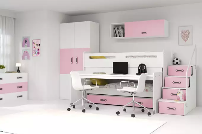 Visualizzazione per Letto a castello triplo per ragazzi MAX 1 80x200 con materasso e scrivania, rosa