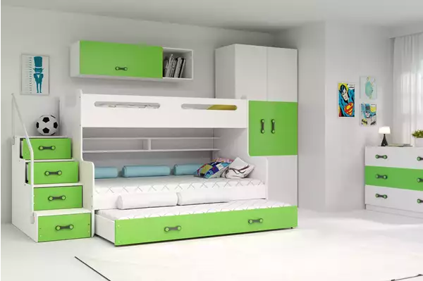 Visualizzazione per Letto a castello triplo per ragazzi MAX 3 120X200 con cassetto, verde Visualizzazione per Letto a castello triplo per ragazzi MAX 3 120X200 con cassetto, verde
