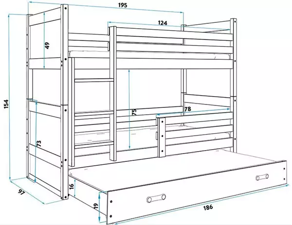 Misura del Letto a castello triplo per ragazzi RICO 90x190 con cassetto, pino/bianco Misura del Letto a castello triplo per ragazzi RICO 90x190 con cassetto, pino/bianco
