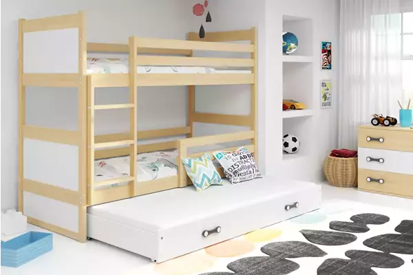 Visualizzazione per Letto a castello triplo per ragazzi RICO 90x190 con cassetto, pino/bianco Visualizzazione per Letto a castello triplo per ragazzi RICO 90x190 con cassetto, pino/bianco