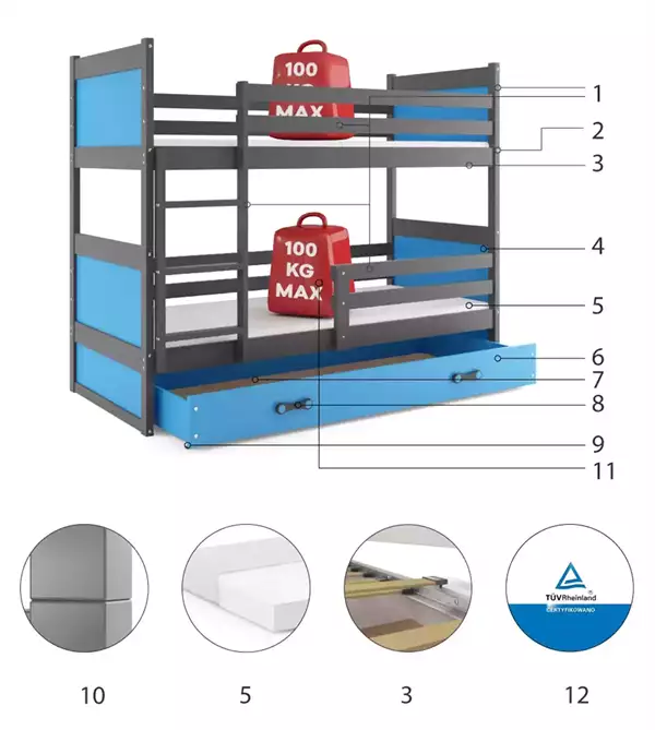 Componenti del Letto a soppalco per ragazzi RICO 90x200 con materasso e cassetto, grafite/blu Componenti del Letto a soppalco per ragazzi RICO 90x200 con materasso e cassetto, grafite/blu
