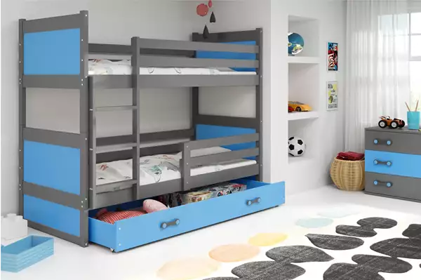 Visualizzazione per Letto a soppalco per ragazzi RICO 90x200 con materasso e cassetto, grafite/blu Visualizzazione per Letto a soppalco per ragazzi RICO 90x200 con materasso e cassetto, grafite/blu