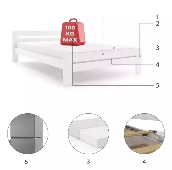 Componenti del Letto da camera DALLAS 90X200 con materasso, bianco Componenti del Letto da camera DALLAS 90X200 con materasso, bianco