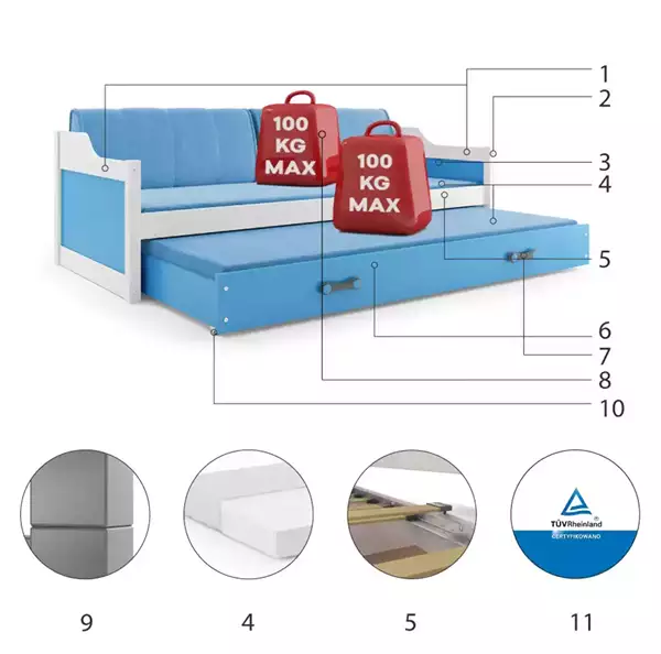 Componenti del Letto estensibile per giovani DAWID 90X200 con materasso e cassetto, bianco/blu Componenti del Letto estensibile per giovani DAWID 90X200 con materasso e cassetto, bianco/blu