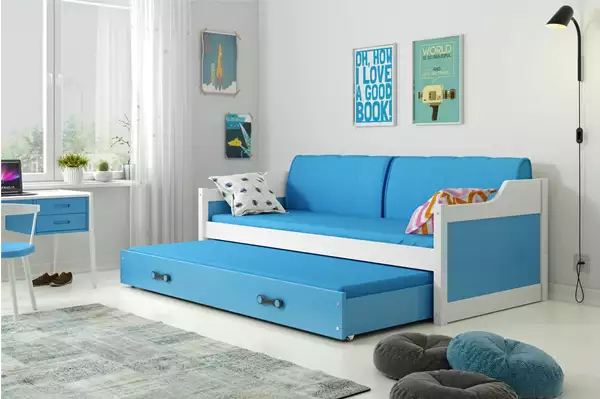 Visualizzazione per Letto estensibile per giovani DAWID 90X200 con materasso e cassetto, bianco/blu Visualizzazione per Letto estensibile per giovani DAWID 90X200 con materasso e cassetto, bianco/blu