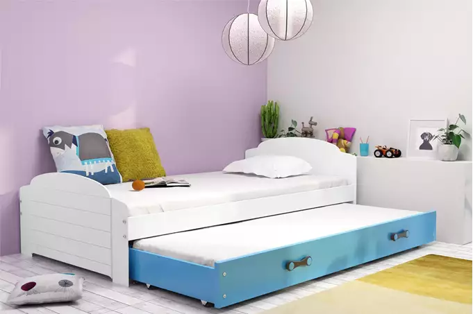 Visualizzazione per Letto Estraibile Giovanile LILI 90x200 con Materasso e Cassetto, Bianco/Blu