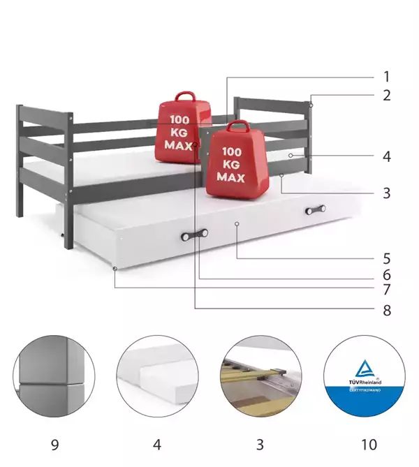 Componenti del Letto estraibile per giovani ERYK 90X200 con materasso e cassetto, grafite/bianco Componenti del Letto estraibile per giovani ERYK 90X200 con materasso e cassetto, grafite/bianco