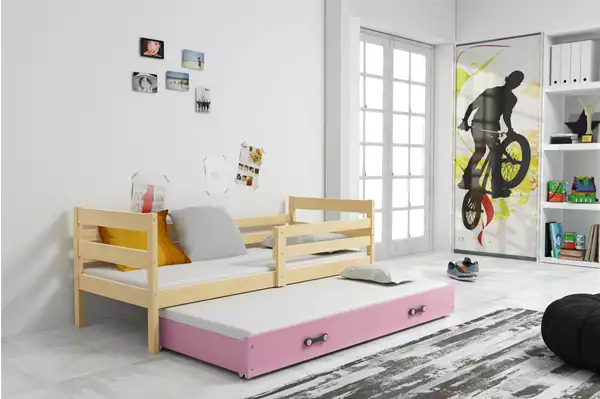 Visualizzazione per Letto estraibile per giovani ERYK 90X200 con materasso e cassetto, pino/rosa Visualizzazione per Letto estraibile per giovani ERYK 90X200 con materasso e cassetto, pino/rosa