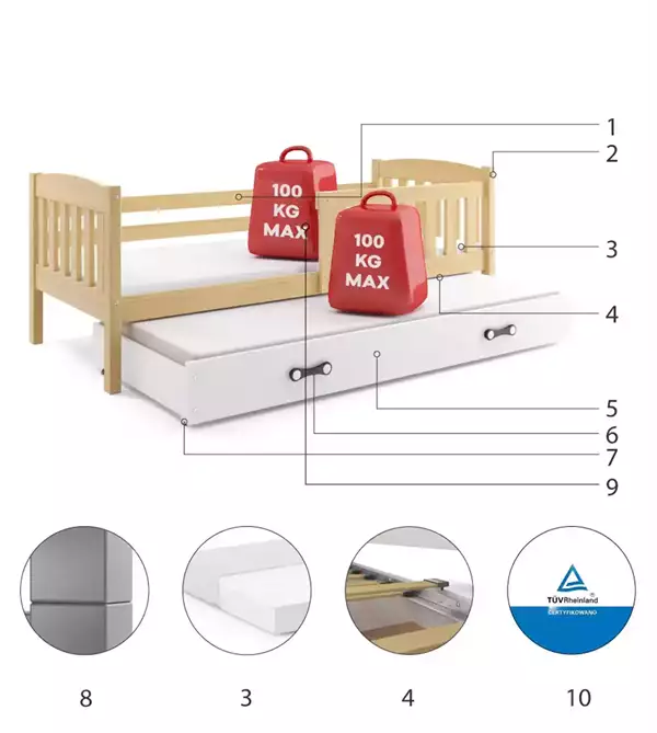 Componenti del Letto estraibile per giovani KUBUŚ 80X190 con cassetto, pino/bianco