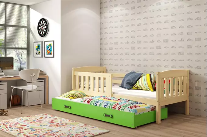 Visualizzazione per Letto estraibile per giovani KUBUŚ 80x190 con materasso e cassetto, pino/verde
