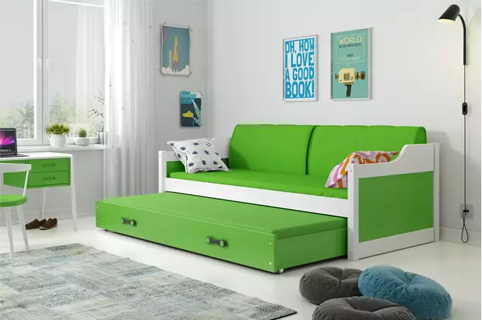 Visualizzazione per Letto estraibile per ragazzi DAWID 90x200 con materasso e cassetto, bianco/verde