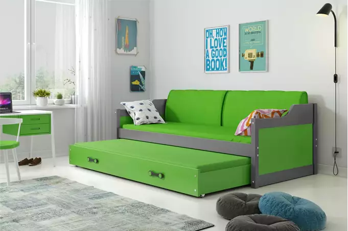 Visualizzazione per Letto estraibile per ragazzi DAWID 90X200 con materasso e cassetto, grafite/verde