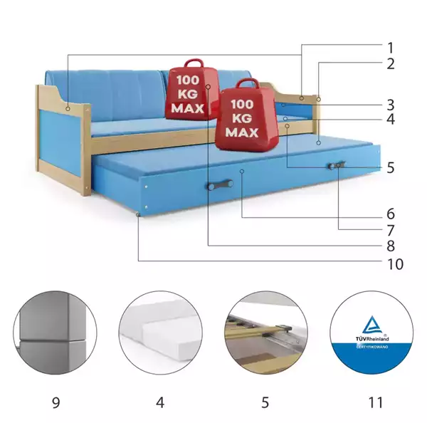 Componenti del Letto estraibile per ragazzi DAWID 90X200 con materasso e cassetto, pino/blu Componenti del Letto estraibile per ragazzi DAWID 90X200 con materasso e cassetto, pino/blu