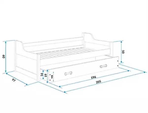 Misura del Letto estraibile per ragazzi DAWID 90X200 con materasso e cassetto, pino/blu Misura del Letto estraibile per ragazzi DAWID 90X200 con materasso e cassetto, pino/blu