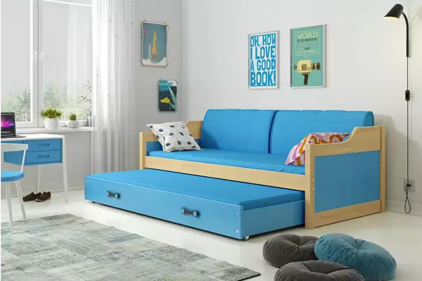 Visualizzazione per Letto estraibile per ragazzi DAWID 90X200 con materasso e cassetto, pino/blu Visualizzazione per Letto estraibile per ragazzi DAWID 90X200 con materasso e cassetto, pino/blu