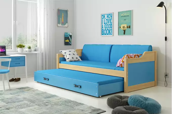 Visualizzazione per Letto estraibile per ragazzi DAWID 90X200 con materasso e cassetto, pino/blu
