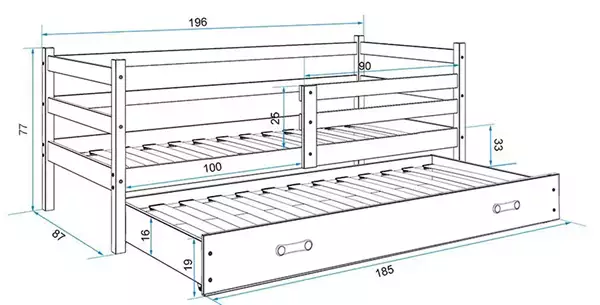 Misura del Letto estraibile per ragazzi ERYK 80x190 con materasso e cassetto, pino/bianco Misura del Letto estraibile per ragazzi ERYK 80x190 con materasso e cassetto, pino/bianco