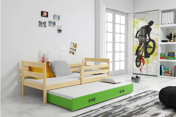 Visualizzazione per Letto estraibile per ragazzi ERYK 80X190 con materasso e cassetto, pino/verde Visualizzazione per Letto estraibile per ragazzi ERYK 80X190 con materasso e cassetto, pino/verde