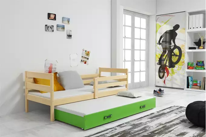 Visualizzazione per Letto estraibile per ragazzi ERYK 80X190 con materasso e cassetto, pino/verde