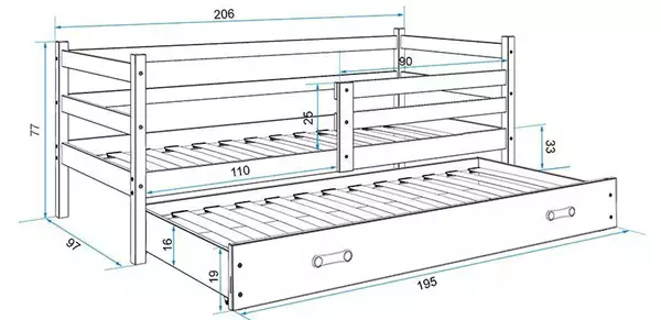 Misura del Letto estraibile per ragazzi ERYK 90x200 con cassetto, bianco Misura del Letto estraibile per ragazzi ERYK 90x200 con cassetto, bianco