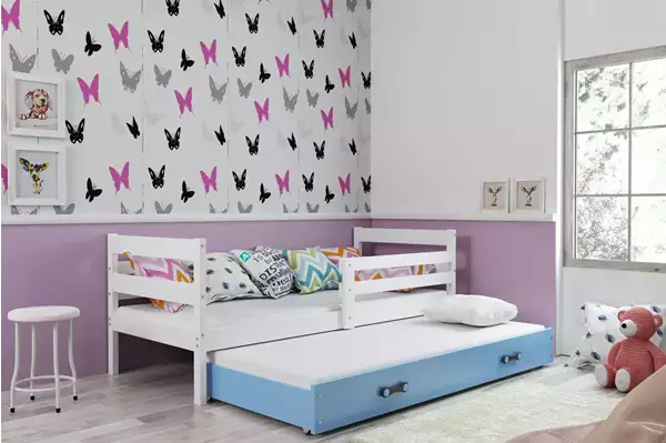 Visualizzazione per Letto estraibile per ragazzi ERYK 90x200 con materasso e cassetto, bianco/blu Visualizzazione per Letto estraibile per ragazzi ERYK 90x200 con materasso e cassetto, bianco/blu