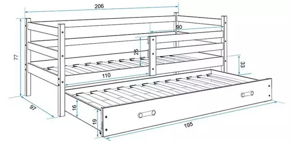 Misura del Letto estraibile per ragazzi ERYK 90X200 con materasso e cassetto, pino/blu