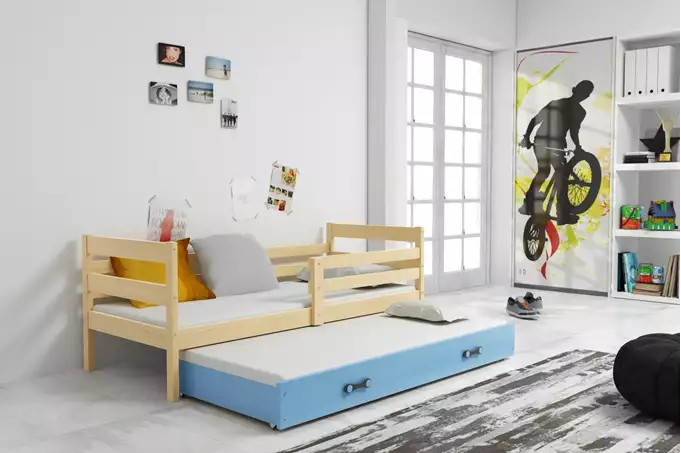Visualizzazione per Letto estraibile per ragazzi ERYK 90X200 con materasso e cassetto, pino/blu