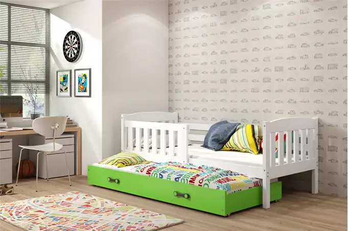 Visualizzazione per Letto estraibile per ragazzi KUBUŚ 80x190 con materasso e cassetto, bianco/verde