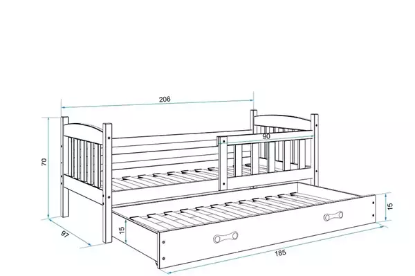 Misura del Letto estraibile per ragazzi KUBUŚ 90x200 con cassetto, bianco Misura del Letto estraibile per ragazzi KUBUŚ 90x200 con cassetto, bianco