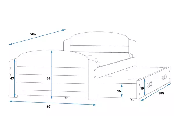 Misura del Letto estraibile per ragazzi LILI 90X200 con cassetto, bianco/blu Misura del Letto estraibile per ragazzi LILI 90X200 con cassetto, bianco/blu