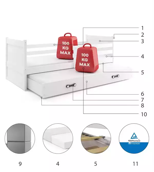 Componenti del Letto estraibile per ragazzi RICO 90x190 con materasso e cassetto, bianco Componenti del Letto estraibile per ragazzi RICO 90x190 con materasso e cassetto, bianco