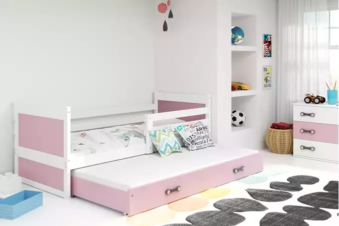 Visualizzazione per Letto estraibile per ragazzi RICO 90X190 con materasso e cassetto, bianco/rosa