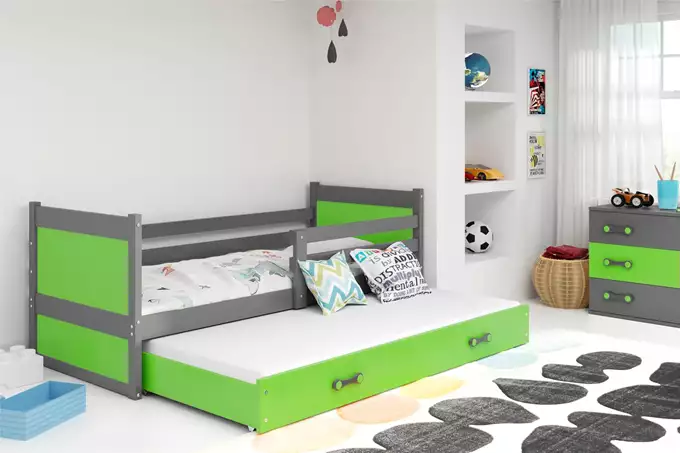 Visualizzazione per Letto estraibile per ragazzi RICO 90X190 con materasso e cassetto, grafite/verde