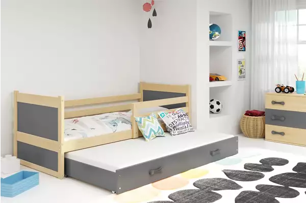 Visualizzazione per Letto estraibile per ragazzi RICO 90x190 con materasso e cassetto, pino/grafite Visualizzazione per Letto estraibile per ragazzi RICO 90x190 con materasso e cassetto, pino/grafite