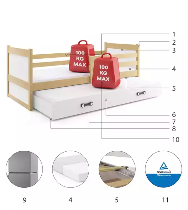 Componenti del Letto estraibile per ragazzi RICO 90x200 con cassetto, pino/bianco