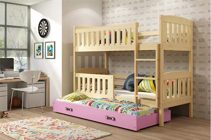 Visualizzazione per Letto giovane a tre posti KUBUŚ 90x200 con materasso e cassetto, pino/rosa