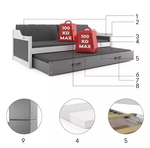 Componenti del Letto giovane estraibile DAWID 90x200 con materasso e cassetto, pino/rosa Componenti del Letto giovane estraibile DAWID 90x200 con materasso e cassetto, pino/rosa