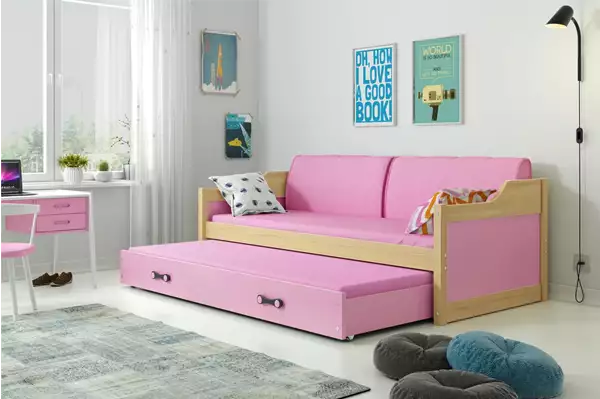 Visualizzazione per Letto giovane estraibile DAWID 90x200 con materasso e cassetto, pino/rosa Visualizzazione per Letto giovane estraibile DAWID 90x200 con materasso e cassetto, pino/rosa