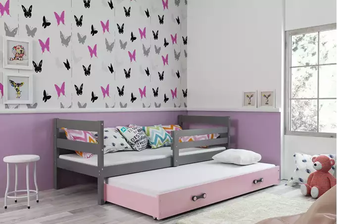Visualizzazione per Letto giovane estraibile ERYK 80x190 con materasso e cassetto, grafite/rosa