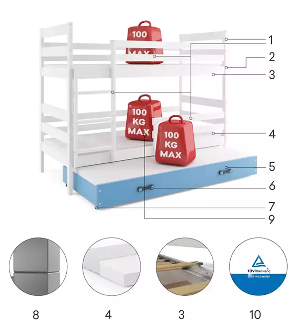 Componenti del Letto giovanile a tre posti ERYK 90X200 con materasso e cassetto, bianco/blu Componenti del Letto giovanile a tre posti ERYK 90X200 con materasso e cassetto, bianco/blu