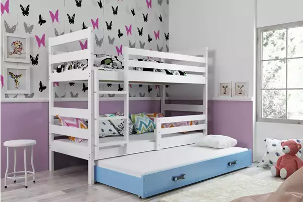 Visualizzazione per Letto giovanile a tre posti ERYK 90X200 con materasso e cassetto, bianco/blu Visualizzazione per Letto giovanile a tre posti ERYK 90X200 con materasso e cassetto, bianco/blu
